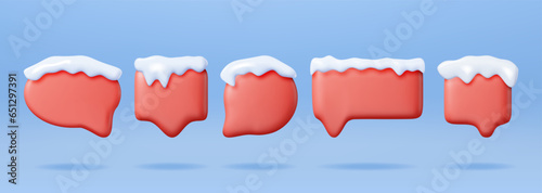 3D Set of Christmas Speech Bubble with Snow. Render Collection of Red Winter Dialogue Bubble Text Covered Snow. New Year Decoration. Christmas Holiday. New Year Xmas Celebration. Vector Illustration