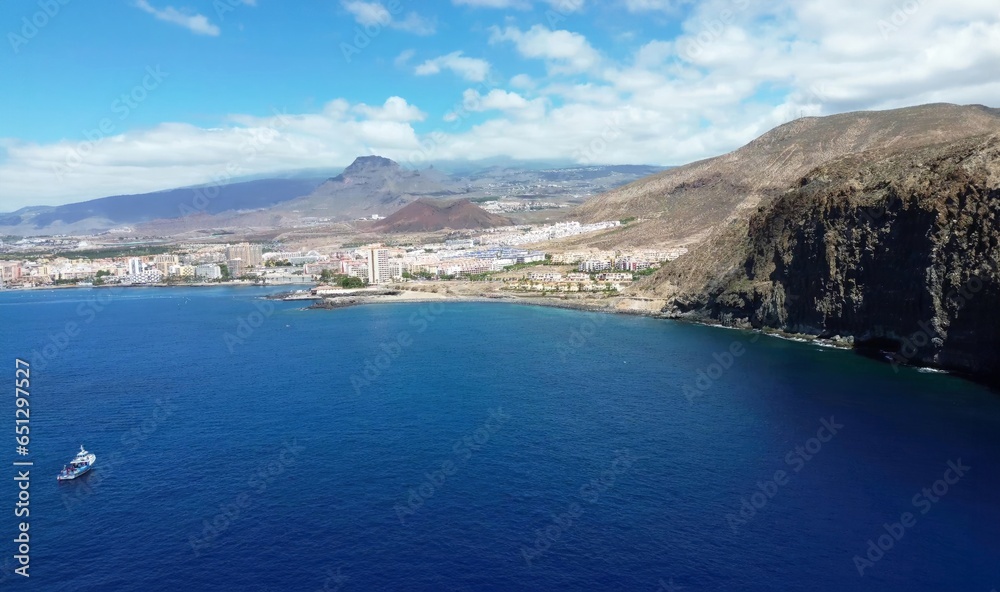 Drone view of many hotels at the beach on the Canary Island of Tenerife