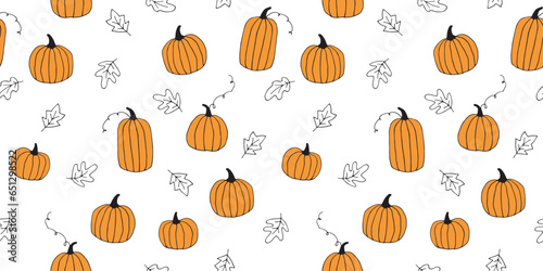 Halloween seamless handdrawn pattern with orange pumpkins and lineart leaves for wallpaper or textile.