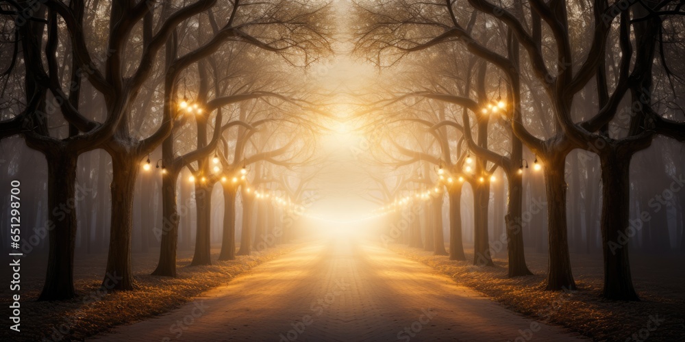 lights hanging on a row of trees. Road, driveway, path, boulevard, byway, route, track, trail, street, row of trees.