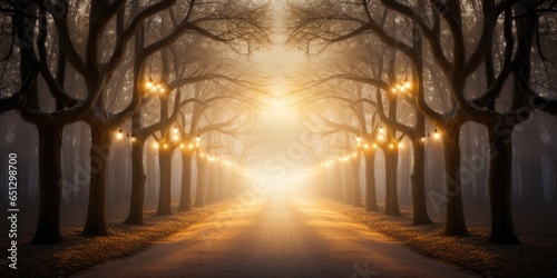 lights hanging on a row of trees. Road  driveway  path  boulevard  byway  route  track  trail  street  row of trees.