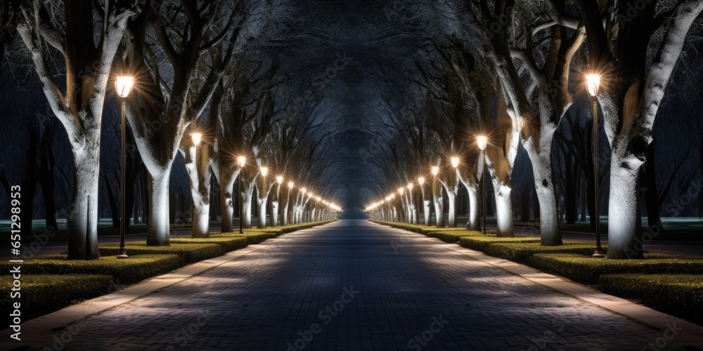 lights in a perfect row. night time. Road, driveway, path, boulevard, byway, route, track, trail, street, row of trees.