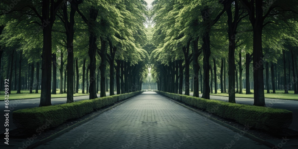 brick way with green trees. chilling weather. Road, driveway, path, boulevard, byway, route, track, trail, street, row of trees. - obrazy, fototapety, plakaty 