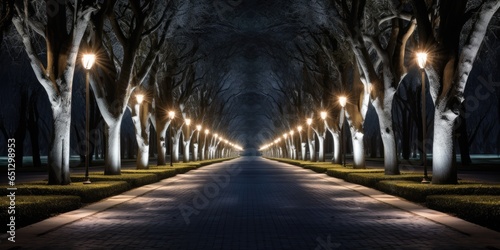 lights in a perfect row. night time. Road  driveway  path  boulevard  byway  route  track  trail  street  row of trees.