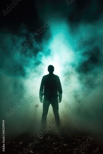 male figure in teal green fog. smoke, ashes, flames, back light, silhouette, fantasy, surreal, dream, fog, mist, mysterious.