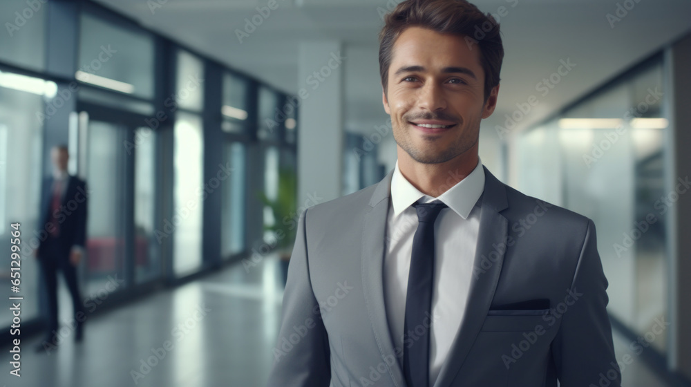 Confidence in the Corridor: A Smiling Young Businessman Radiates Success While Standing in the Hustle and Bustle of an Office Building's Passageway. Confidence in the Corridor: A Smiling Young Businessman Radiates Success While Standing in the Hustle and Bustle of an Office Building's Passageway.