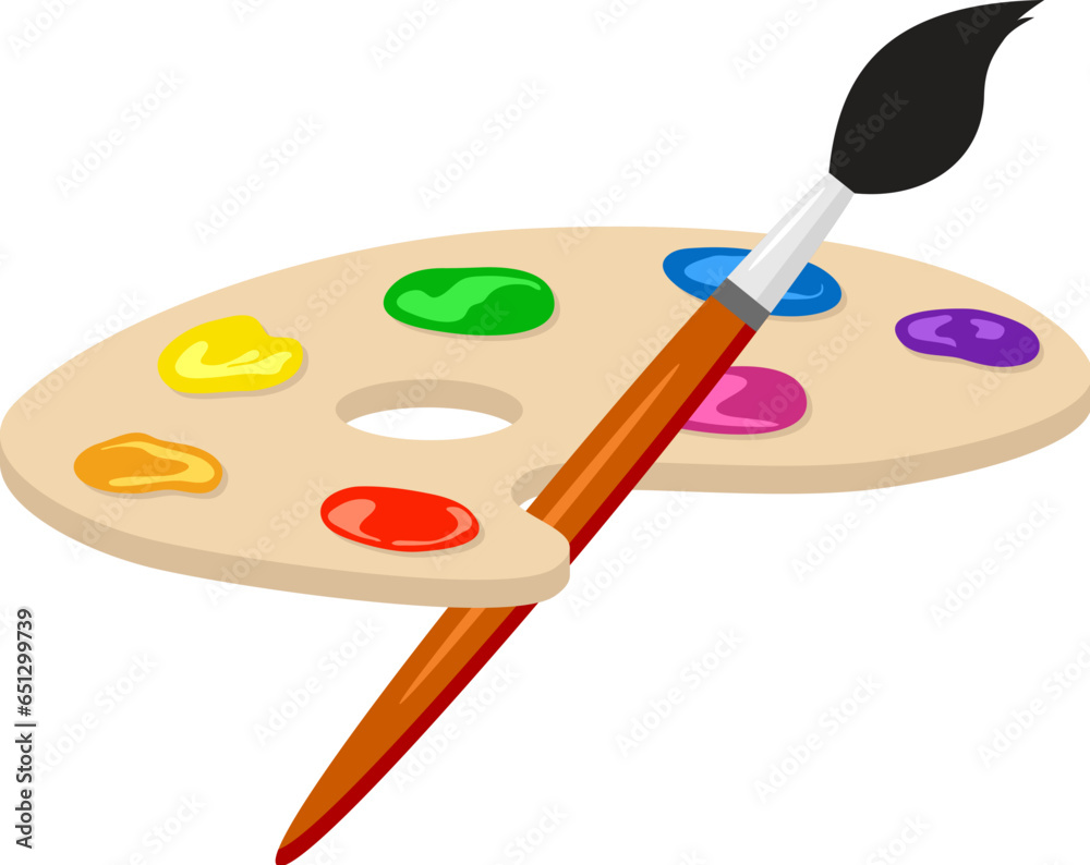 vector wooden art palette with blobs of paint and brush vector wooden art palette with blobs of paint and brush