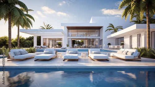A luxurious, modern pool area with white architectural accents, featuring a pristine pool, lounge chairs, and a poolside bar, all inviting relaxation under the open sky © Alin