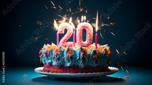 photo 20th birthday celebrating arrangement with birthday cake generative ai photo