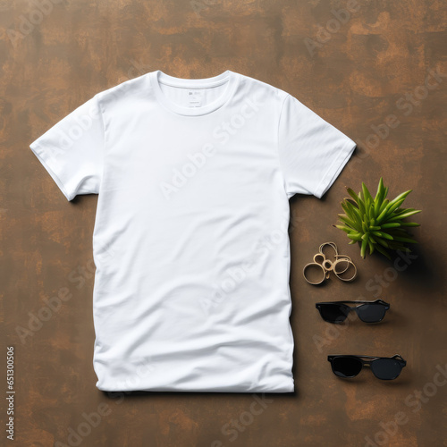 White t-shirt mockup on brown background. Ready for your mockup design template. Blank t-shirt mockup
