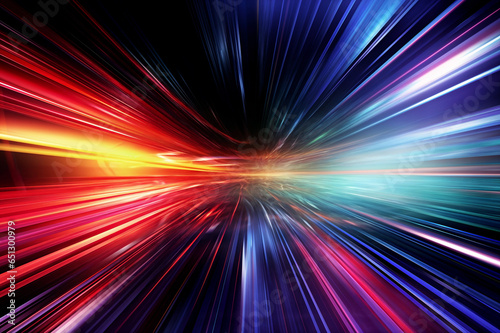 Abstract image of bright colored light streaks of red, orange and blue in motion on a black background