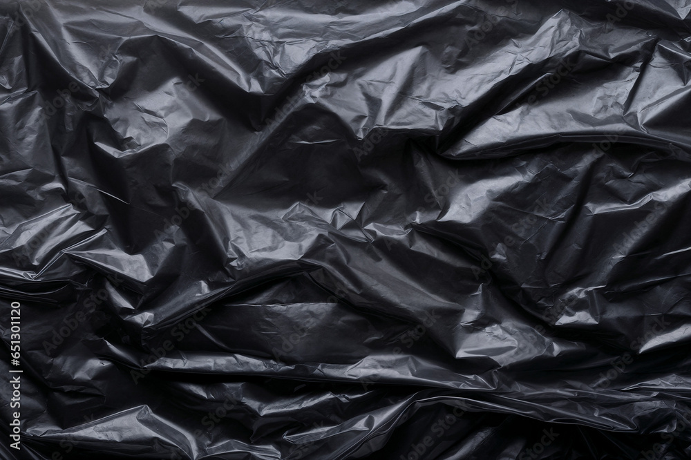 Close-up view of a glossy and shiny black plastic bag and wrinkles background