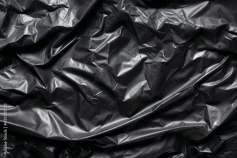 Close-up view of a glossy and shiny black plastic bag and wrinkles background Close-up view of a glossy and shiny black plastic bag and wrinkles background