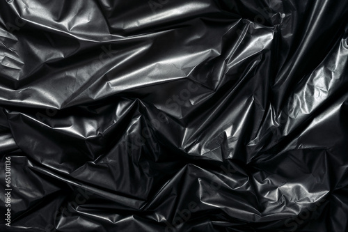 Close-up view of a glossy and shiny black plastic bag and wrinkles background