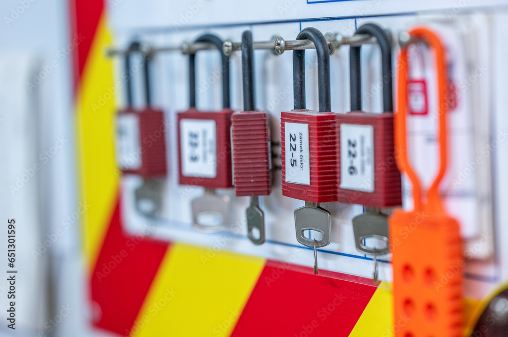Safety Lockout tagout station with hanging locks with keys Stock Photo ...