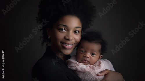 Close up portrait of beautiful young African American mother holding sleep newborn baby in studio. Healthcare medical love black afro woman lifestyle mothers day, breast with copy space.