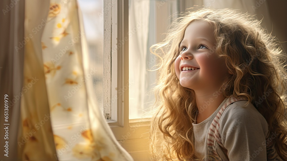 A little girl stands by a sunlit window, her face radiating happiness as she gazes outside. The white interior adds to the purity of the moment. A little girl stands by a sunlit window, her face radiating happiness as she gazes outside. The white interior adds to the purity of the moment.