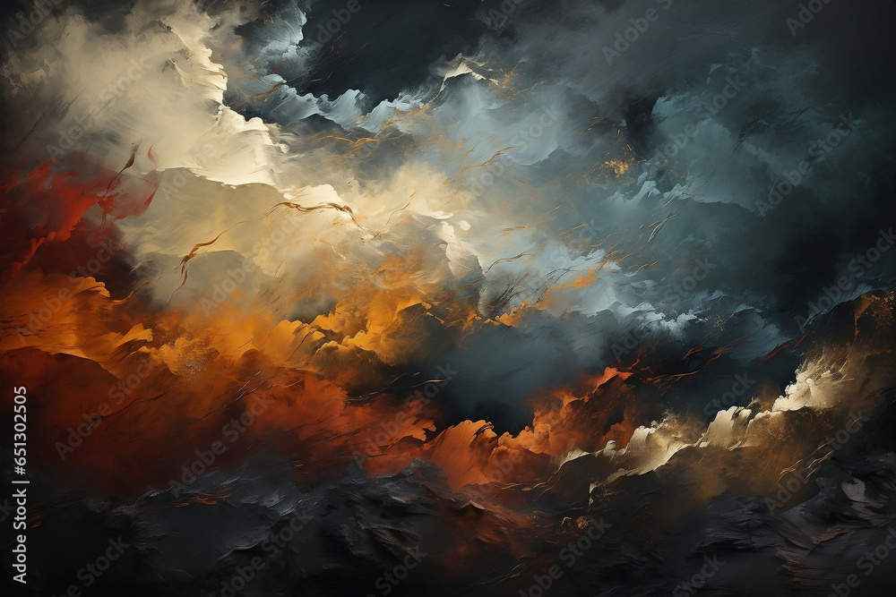 Pintura o textura oscura y abstracta de nubes humo y fuego, imagen uhd con colores gris oscuro y naranja, fondo de pantalla, pinceladas