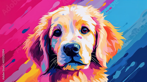 Adorable golden retriever puppy in pop art style painting, pastel colors, minimal. Digital illustration generative AI.