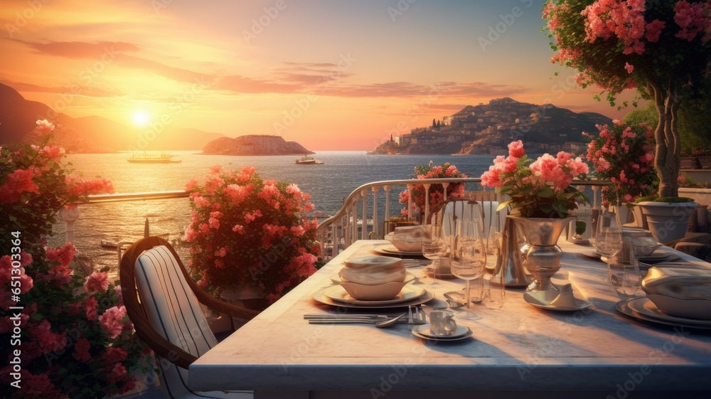 A sumptuous table on a luxurious motor yacht, bathed in the warm hues of a sunset, awaits a couple for a romantic dinner at sea.