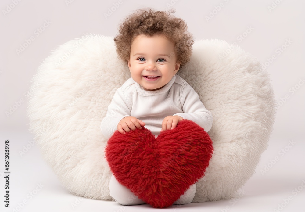 Smiling cute baby holding a soft fluffy heart toy tightly in his hands. Illustration for cover, postcard, greeting card, greeting card, interior design, decor or print. Smiling cute baby holding a soft fluffy heart toy tightly in his hands. Illustration for cover, postcard, greeting card, greeting card, interior design, decor or print.
