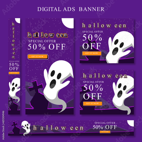 digital ad banner template design white ghost screaming halloween special offer