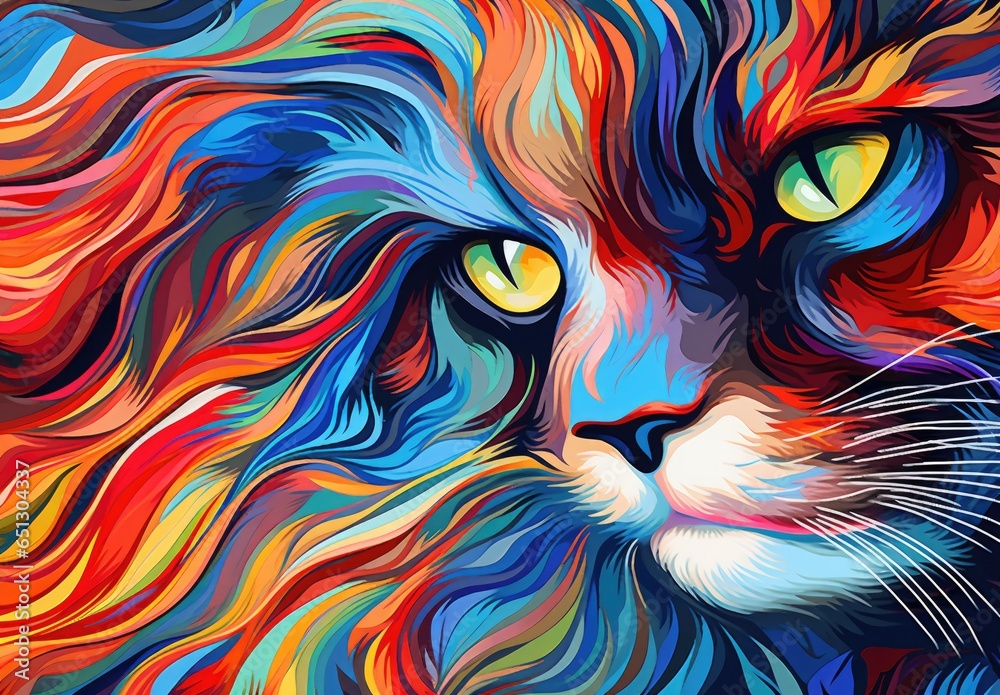 Close-up of a cat's face with bright multicolored fur. Illustration for cover, card, postcard, interior design, decor or print. Close-up of a cat's face with bright multicolored fur. Illustration for cover, card, postcard, interior design, decor or print.