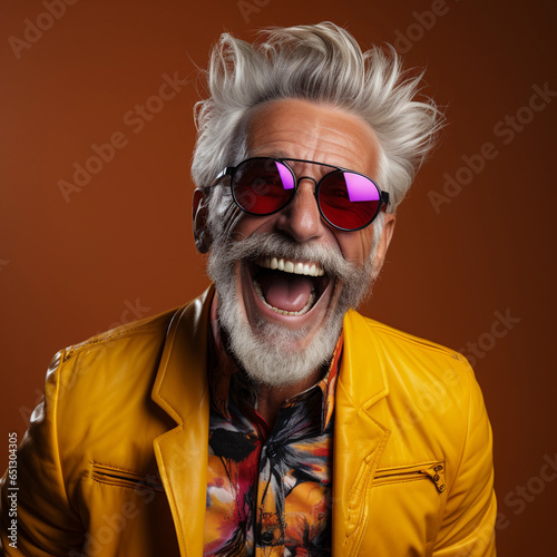 Happy high emotionally elderly man, pink and yellow bright colors