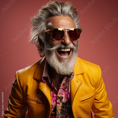 Happy high emotionally elderly man, pink and yellow bright colors