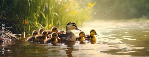 A female mallard leads her adorable ducklings along the tranquil riverbank, basking in the warm sun and showcasing the beauty of nature's renewal. photo