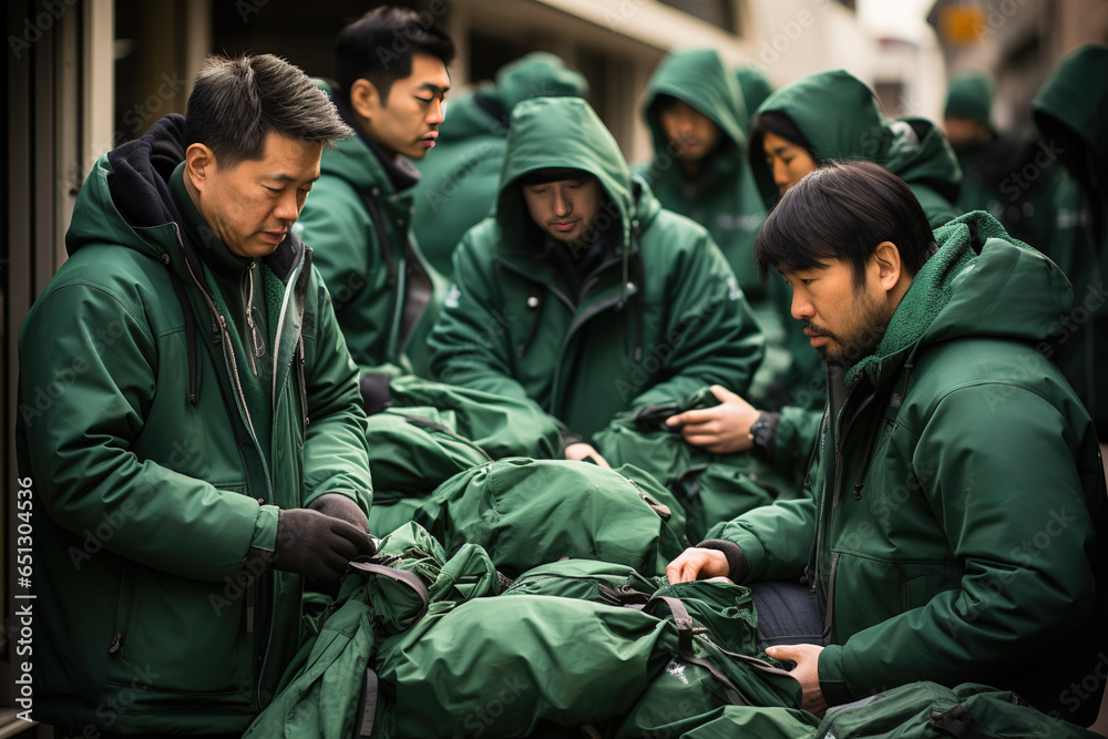 group of asian men with green coats working with green bags