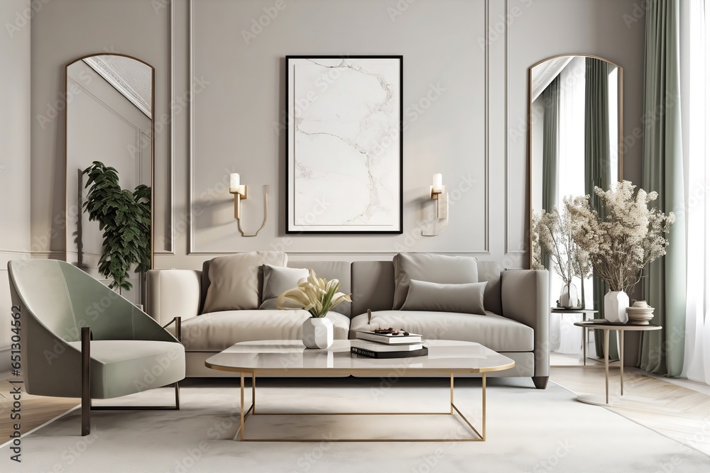 Large sofa in a luxurious apartment. Big mockup frame hanging on the wall. Contemporary style. Generative AI. Large sofa in a luxurious apartment. Big mockup frame hanging on the wall. Contemporary style. Generative AI.