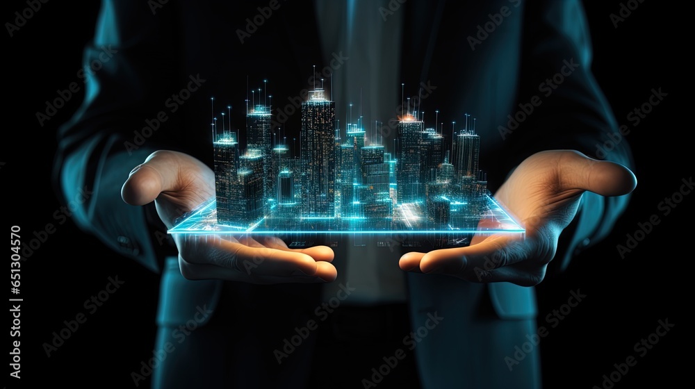 Urban Dreams: Businessman with Building Model in Night City Urban Dreams: Businessman with Building Model in Night City