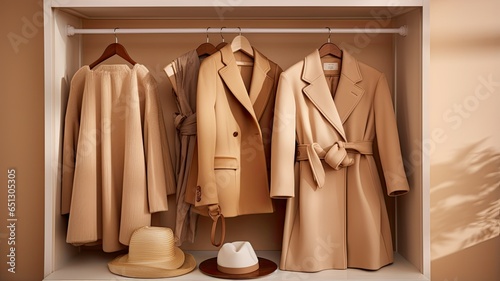 A close-up shot of a row of light brown coats and sweaters on hangers in a store, highlighting the timeless and classic appeal of women\'s fashion.
