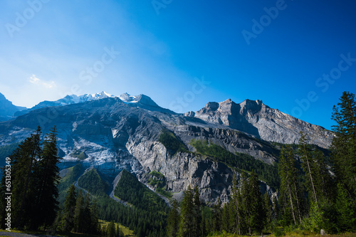 Oeschinensee, Switzerland - July 27, 2022 - View from Oeschinensee, Switzerland in the town of Kandersteg.