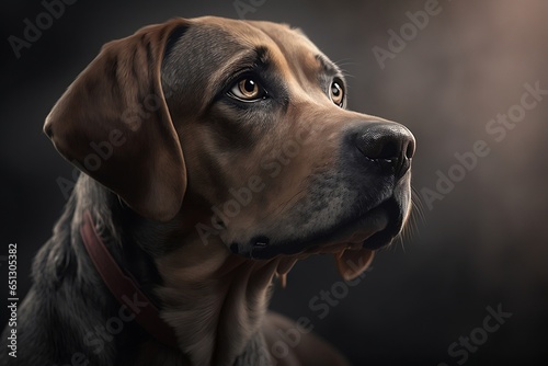 Portrait of dog on a dark background. Copy space. Generative AI. © pawczar