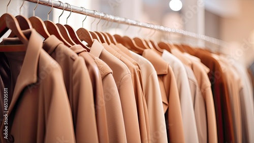 A close-up shot of a row of light brown coats and sweaters on hangers in a store, highlighting the timeless and classic appeal of women's fashion.
