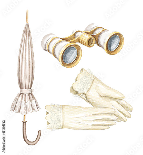 Watercolor set with vintage old umbrella, golden binocular and gloves isolated on white background. Watercolor hand drawn illustration sketch