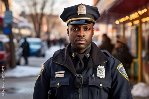 African-american police officer on the street in township, generative ai 