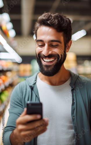 A young man laugh while looks the cell phone in the supermarket