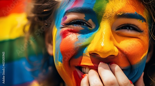 The smiling woman is painted with rainbow colors. Pride, inclusivity and belonging, celebrating LGBT rights. © Vadim