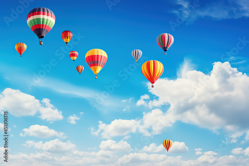 collection of colorful hot air balloons soaring against a clear blue sky, generative ai 