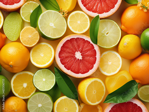 flat lay of an assortment of citrus fruits, lemons, limes, oranges, grapefruits, cut and whole, bright, popping colors