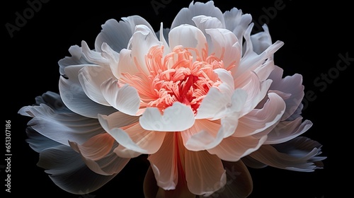  a white and pink flower on a black background with a reflection. generative ai