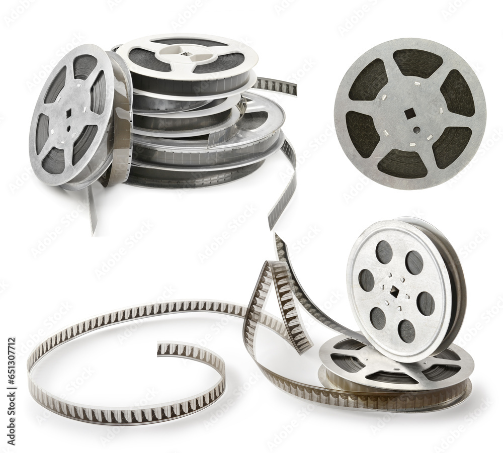 Obraz premium Collections old film strip in metal bobbins isolated on white. Various angles.