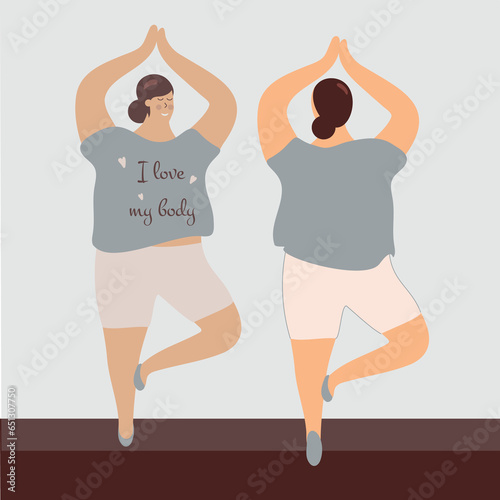 Body positivity cute young plump girl with more size-inclusive body do yoga.Plumpish lady in tree pose.Concept of evolving beauty standards and diversity.Inscription I love my body.Raster illustration