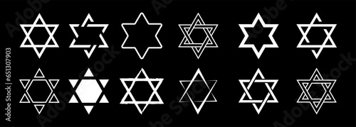 Star of David icon set. Judaism sign. Six pointed star. Vector isolated on black background.