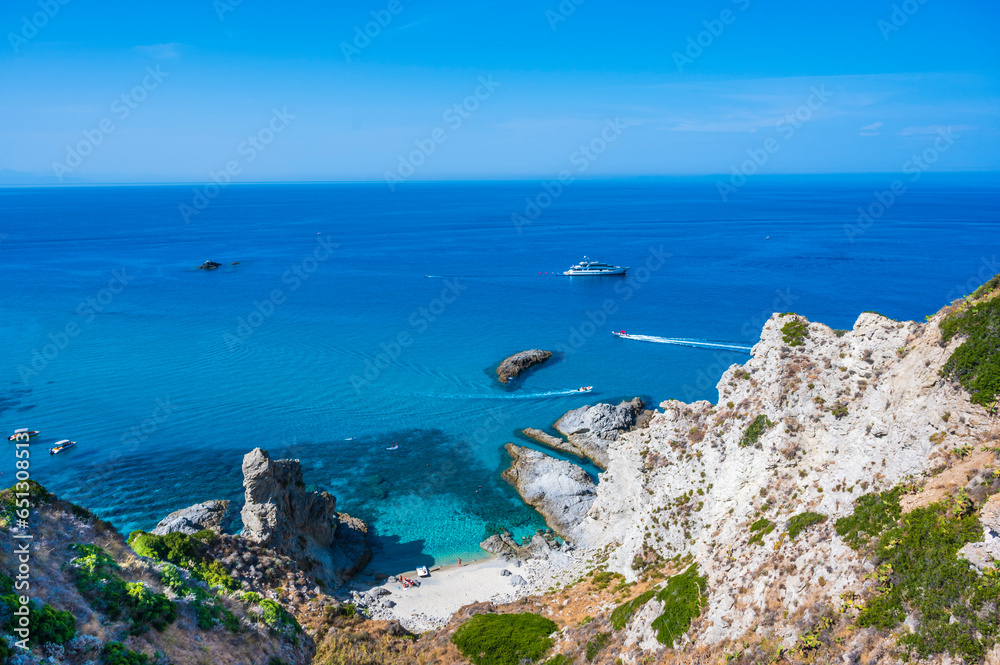 Fototapeta premium Amazing view of Praia di Fuoco and Spiaggia di Ficara from Capo Vaticano - paradise beach and coast scenery - travel destination in Calabria, Italy
