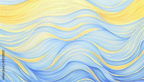 Winter ocean wave, sun, sky watercolor abstract illustration. Nature blue, yellow happy cartoon snow wave or ocean holiday travel. Wavy water web banner backdrop, background graphic for copy space © Vita
