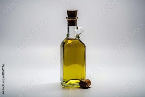 Olive Oil in a glass bottle on light background. Natural shades. Copy space. Generative AI.